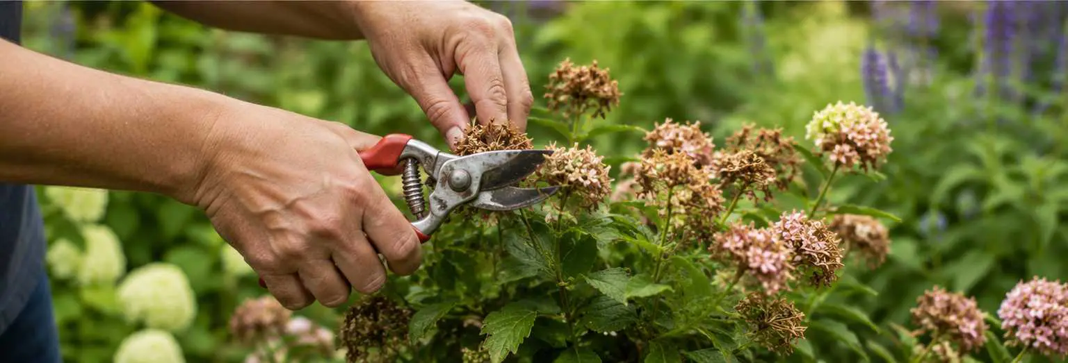 Gardener deadheading a flowering shrub in August