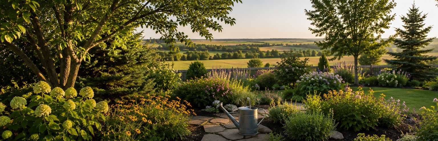 Late summer garden with trees, shrubs, and perennials in Calgary